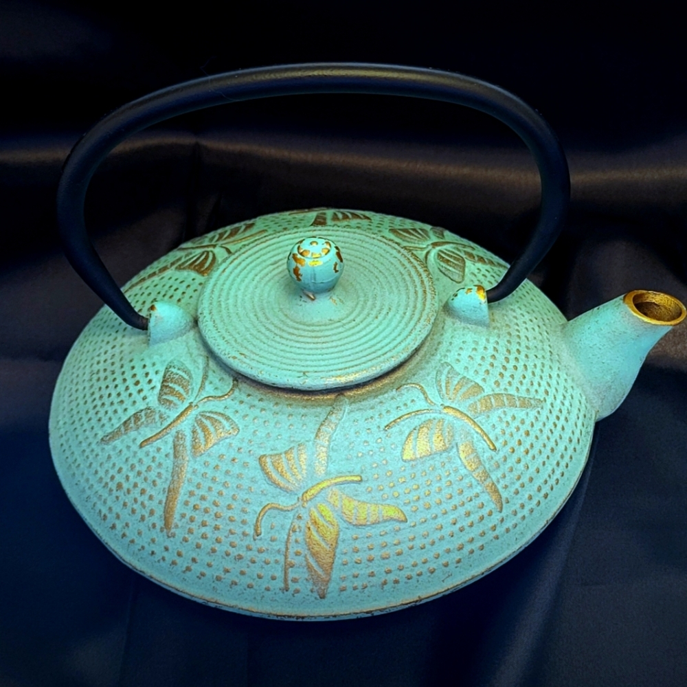Teal With Painted Gold Dragonflies Cast Iron Teapot